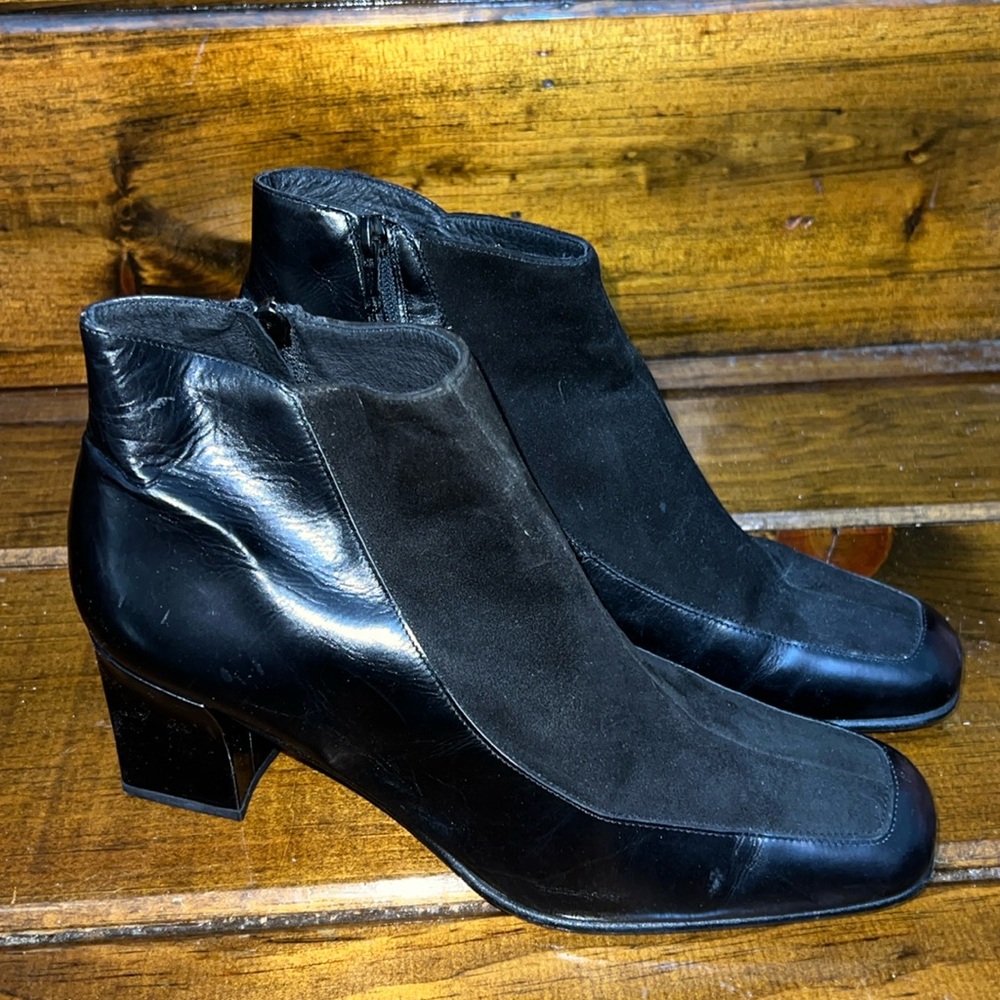 Vintage Amalfi Black Square Toe Suede & Leather Ankle‎ Boots- 9.5